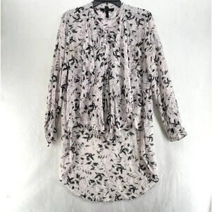 BCBGMAXAZRIA Tunic Blouse Women M Taupe Black Printed Knotted Front Keyhole Neck